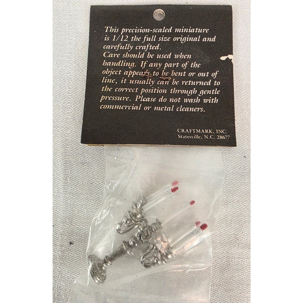 Vtg Craftmark Miniature 1/12 Scale Dollhouse Candelabra Silver White 2" Tall NOS